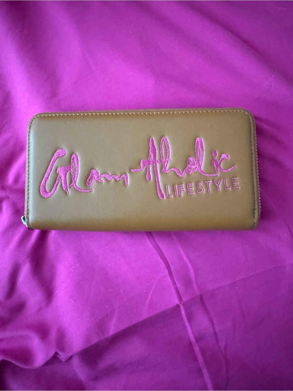 Glam-Aholic Lifestyle Brown Zip Wallet with Pink Embroidery